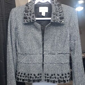 White House Black Market Gray/ Black Rhinestone Beaded Lined Tweed Blazer